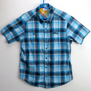 Columbia Mens Medium Blue Plaid Snap Front Short Sleeve Shirt Cotton Outdoor